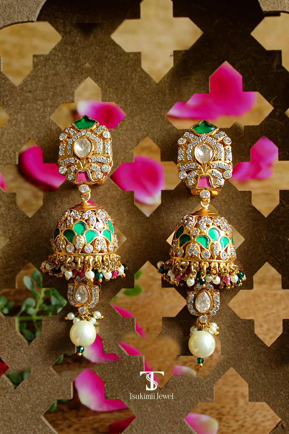 Ambika mossanite polki jhumka earrings with gold plated finish
