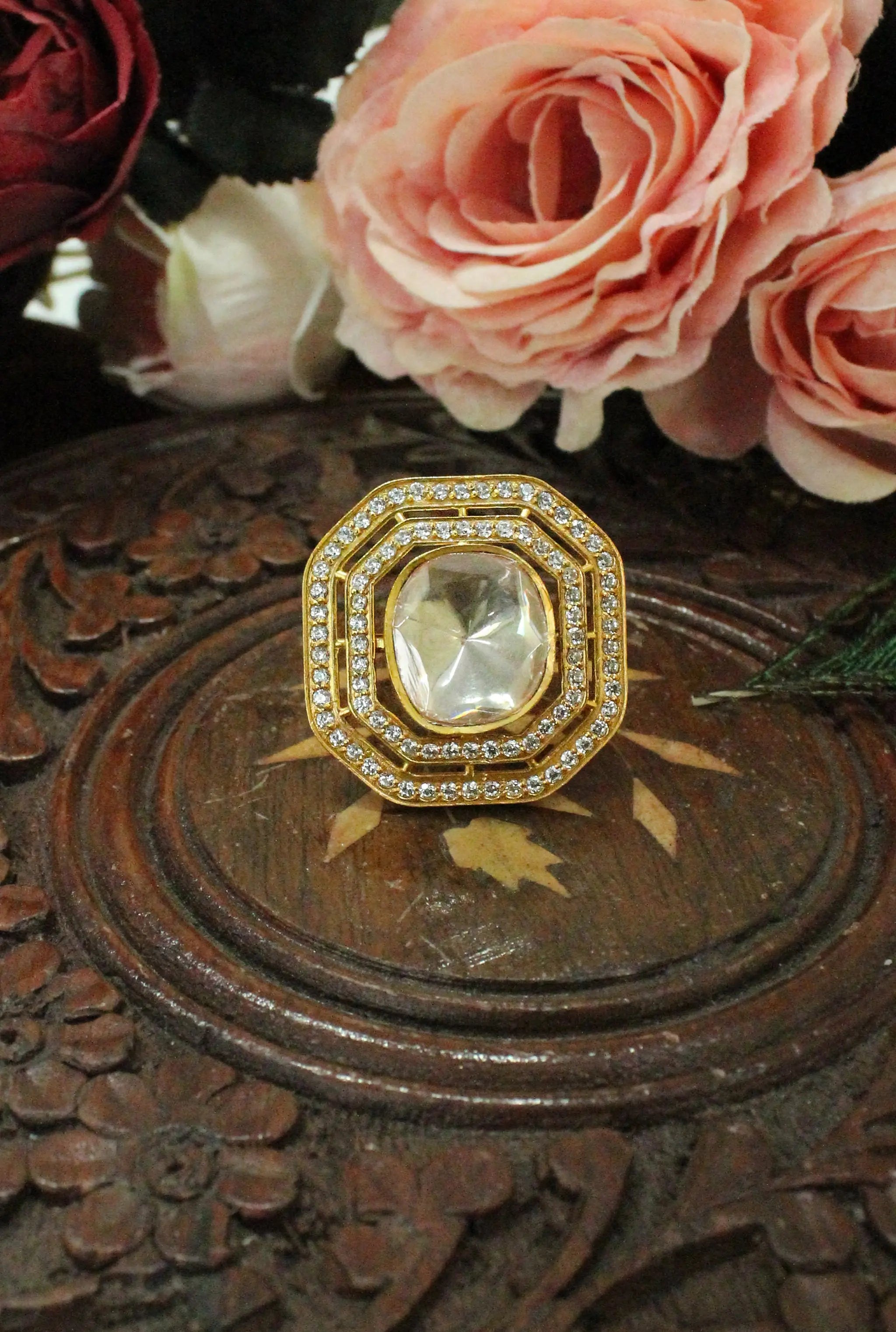 Amaira mossanite polki ring with gold plated traditional design