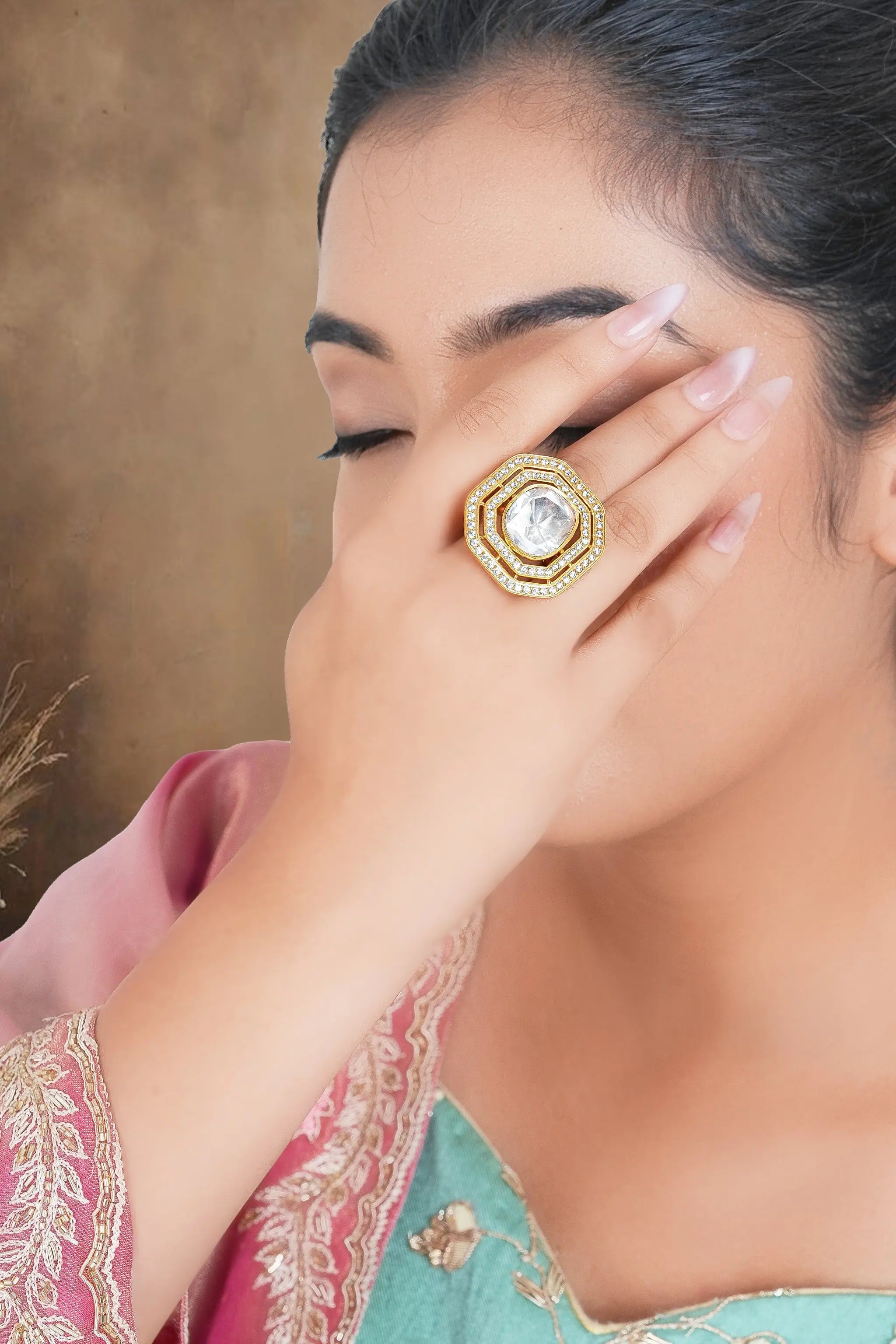 Traditional Indian mossanite polki finger ring with premium finish