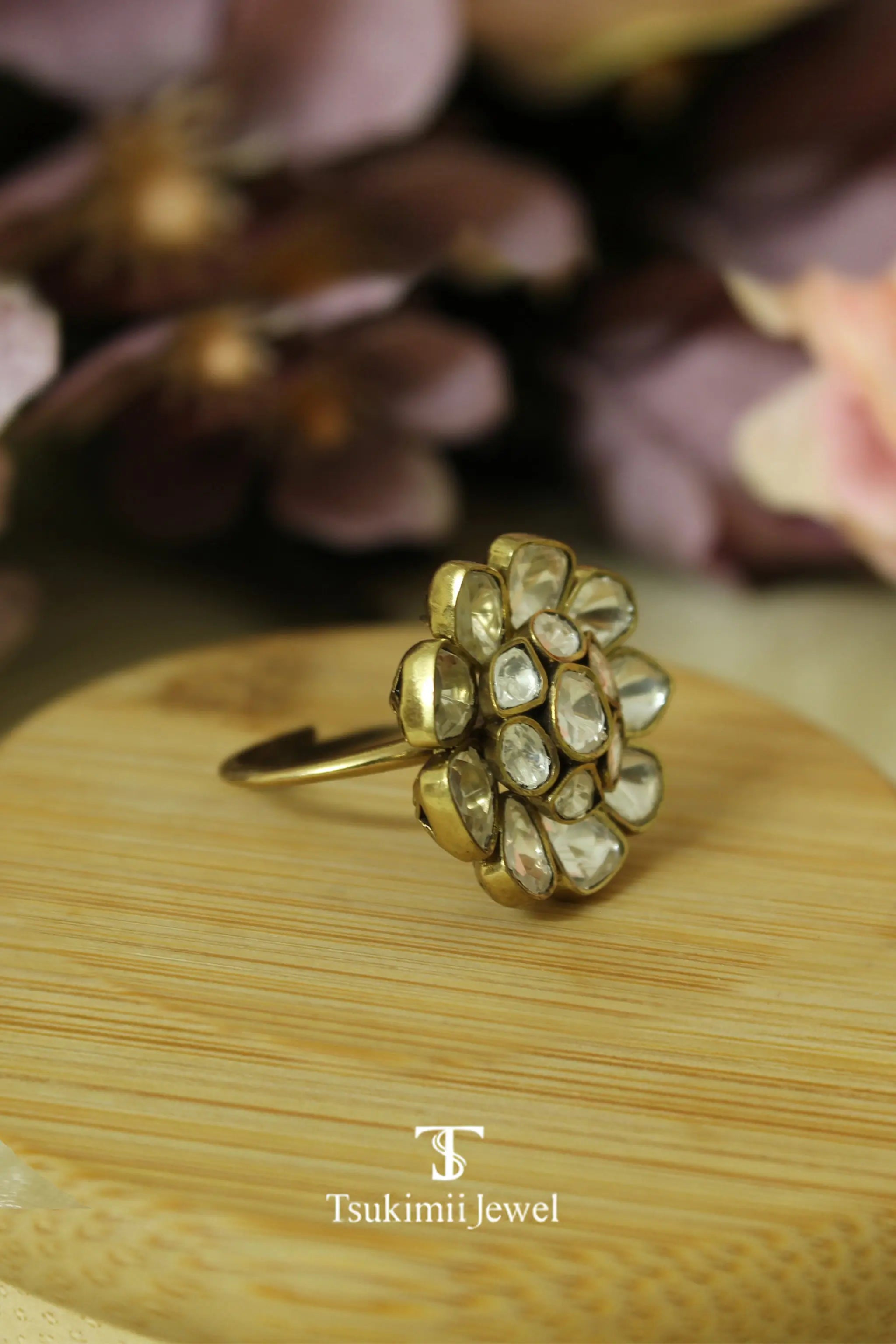 Gulbahar polki ring with traditional handcrafted gold plated design