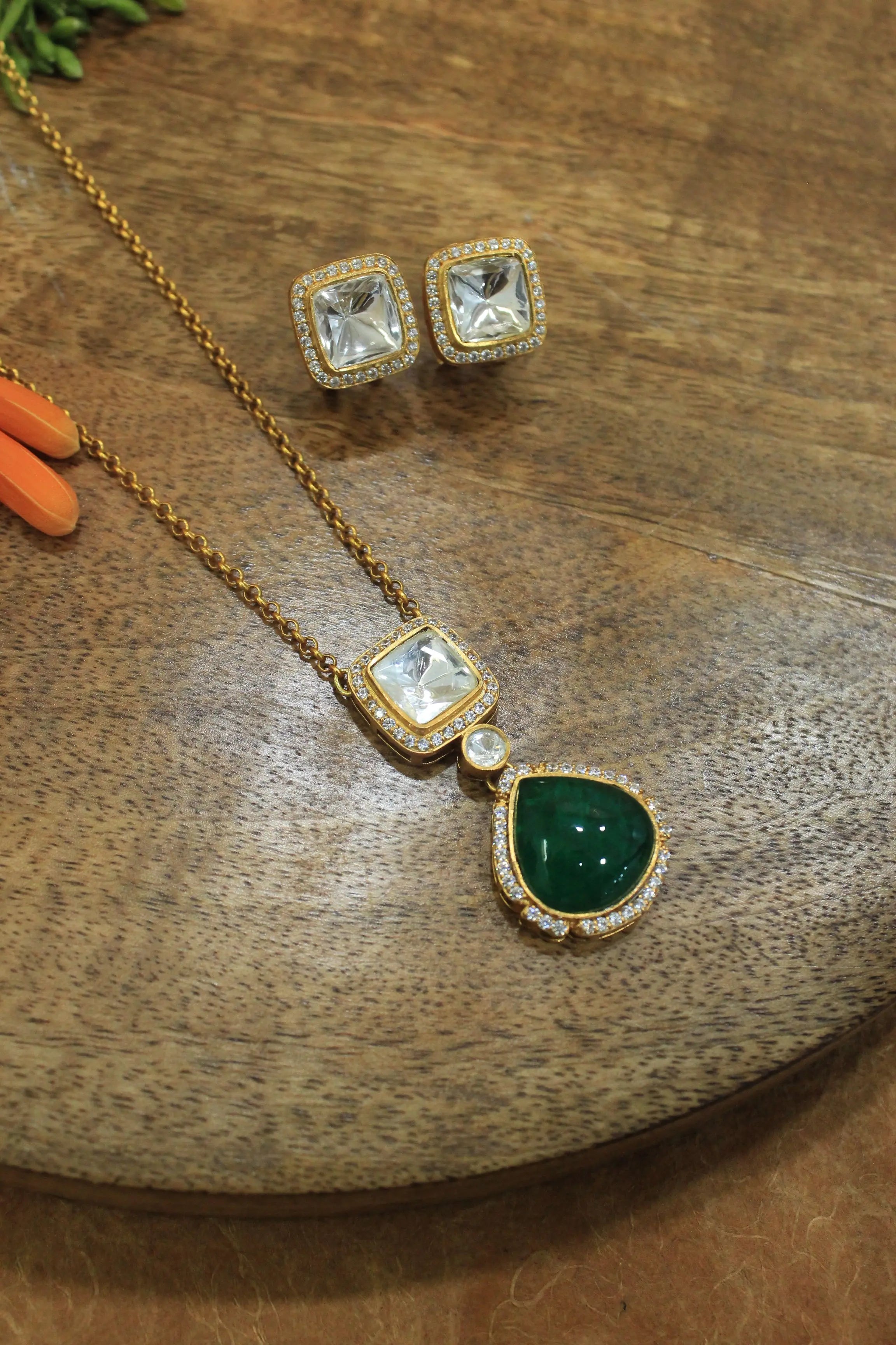 Vedha Polki locket set with gold plated finish and traditional design