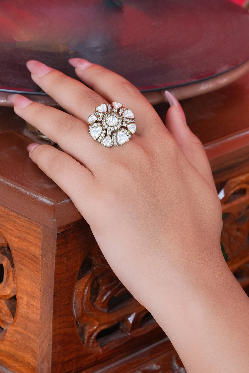 Gold toned kusum polki ring inspired by heritage jewellery