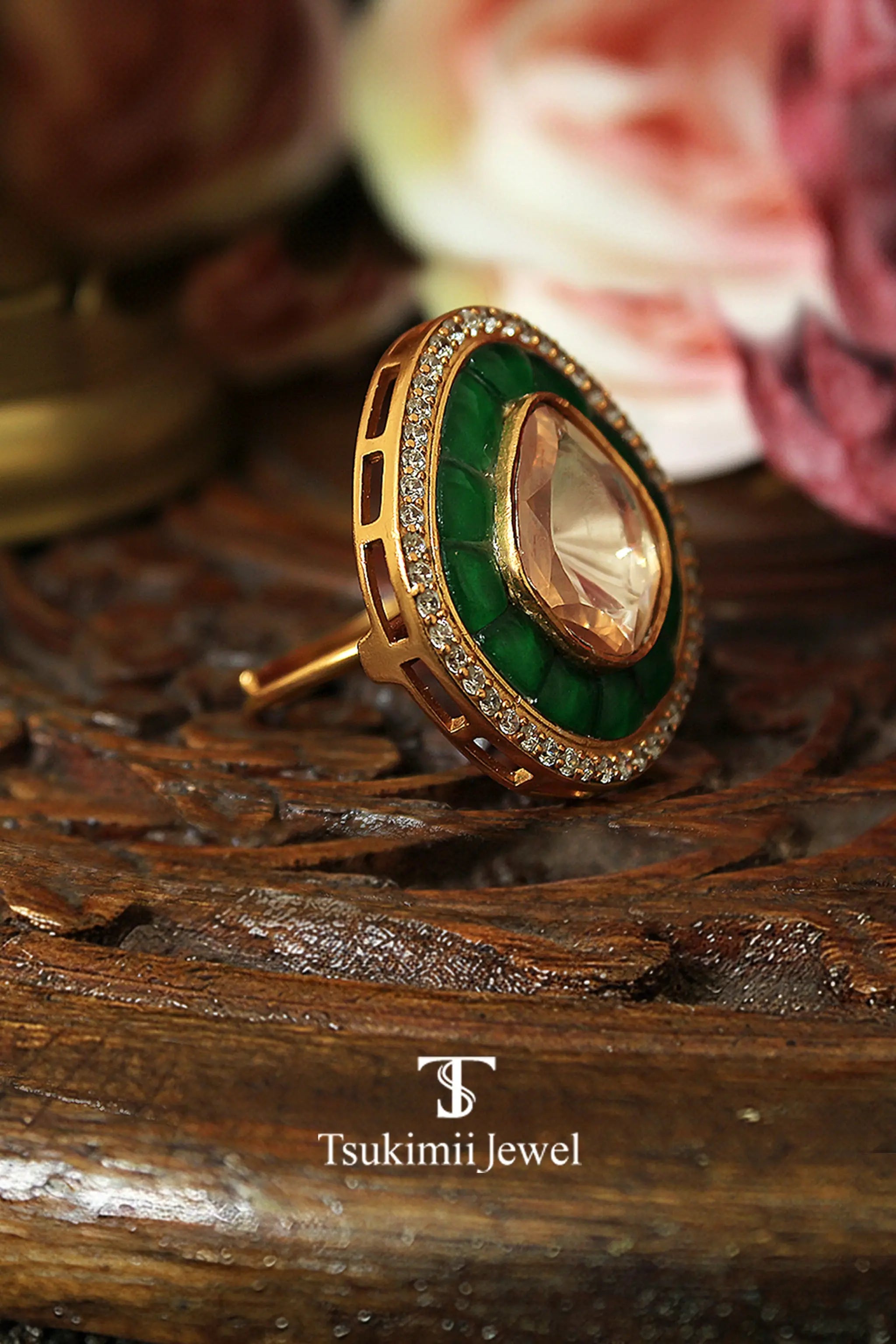 Meherbanu mossanite polki ring with gold plated finish
