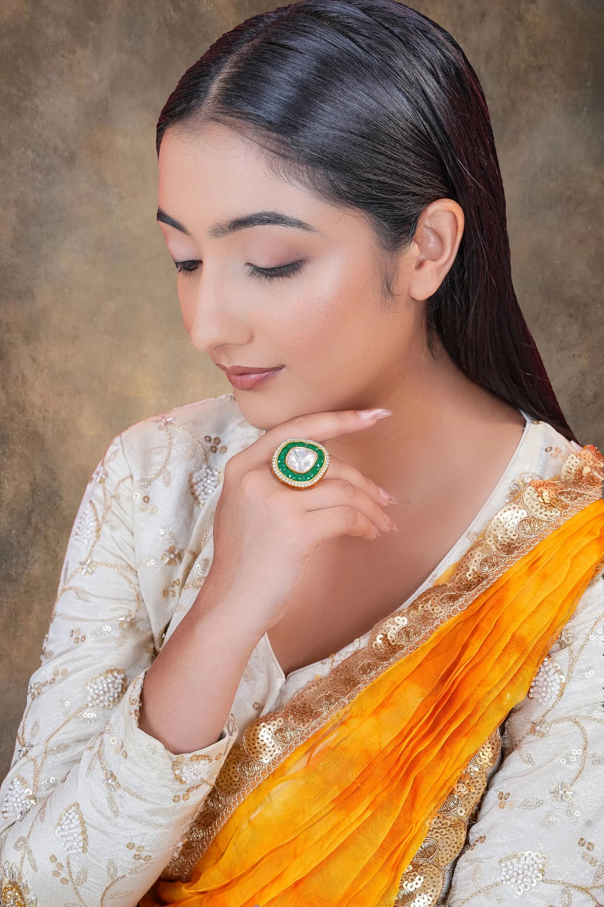 Traditional Indian polki ring with sparkling mossanite stones