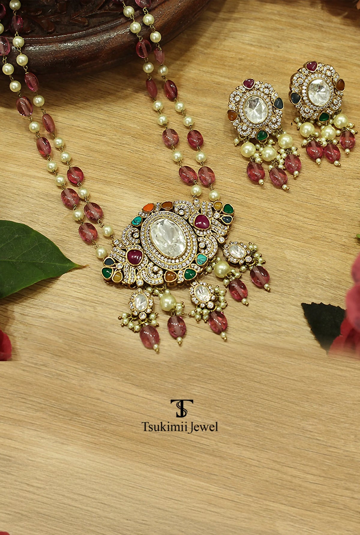 Navya polki pendant set with traditional Indian gold finish