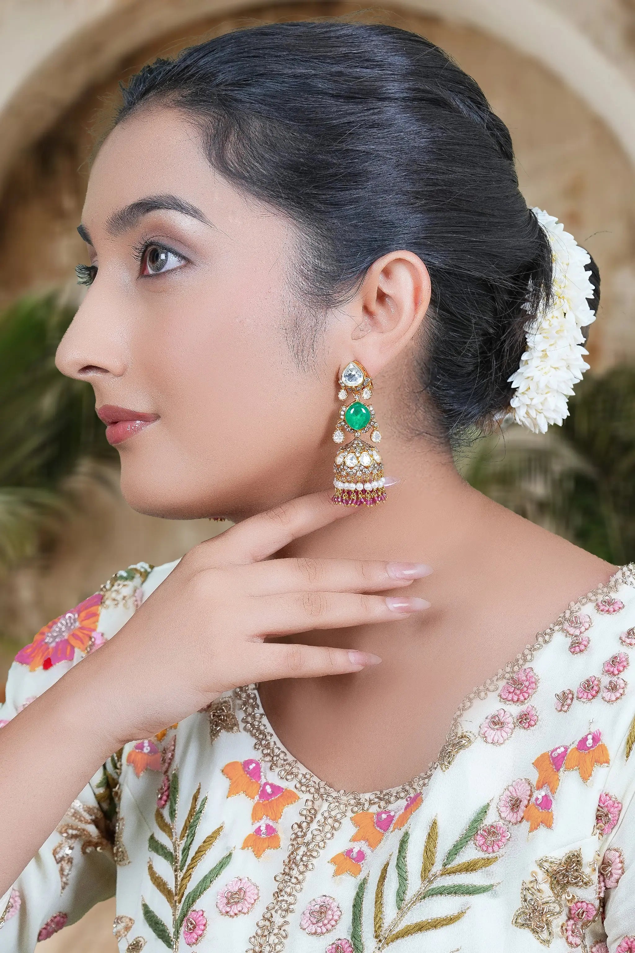 Handcrafted Indian polki jhumka earrings with ethnic design