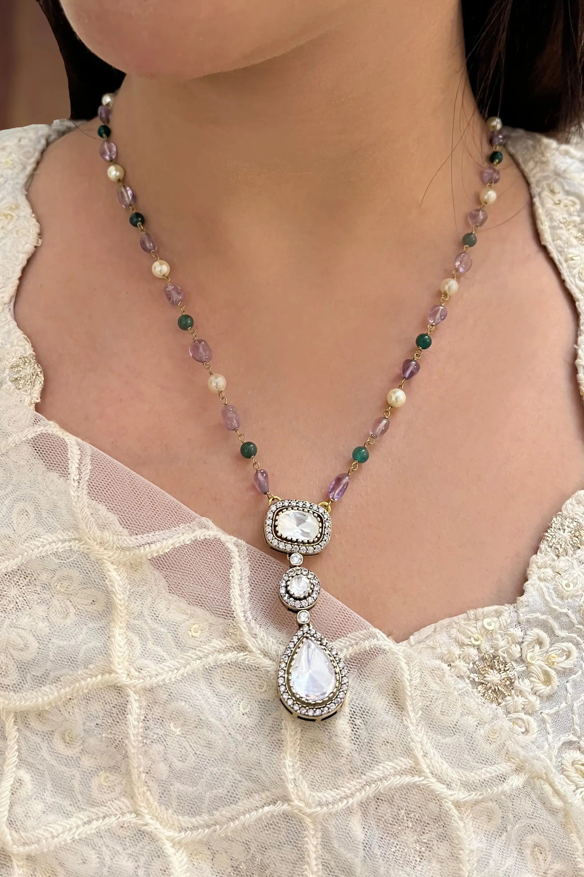 Handcrafted Indian polki locket jewellery set for women