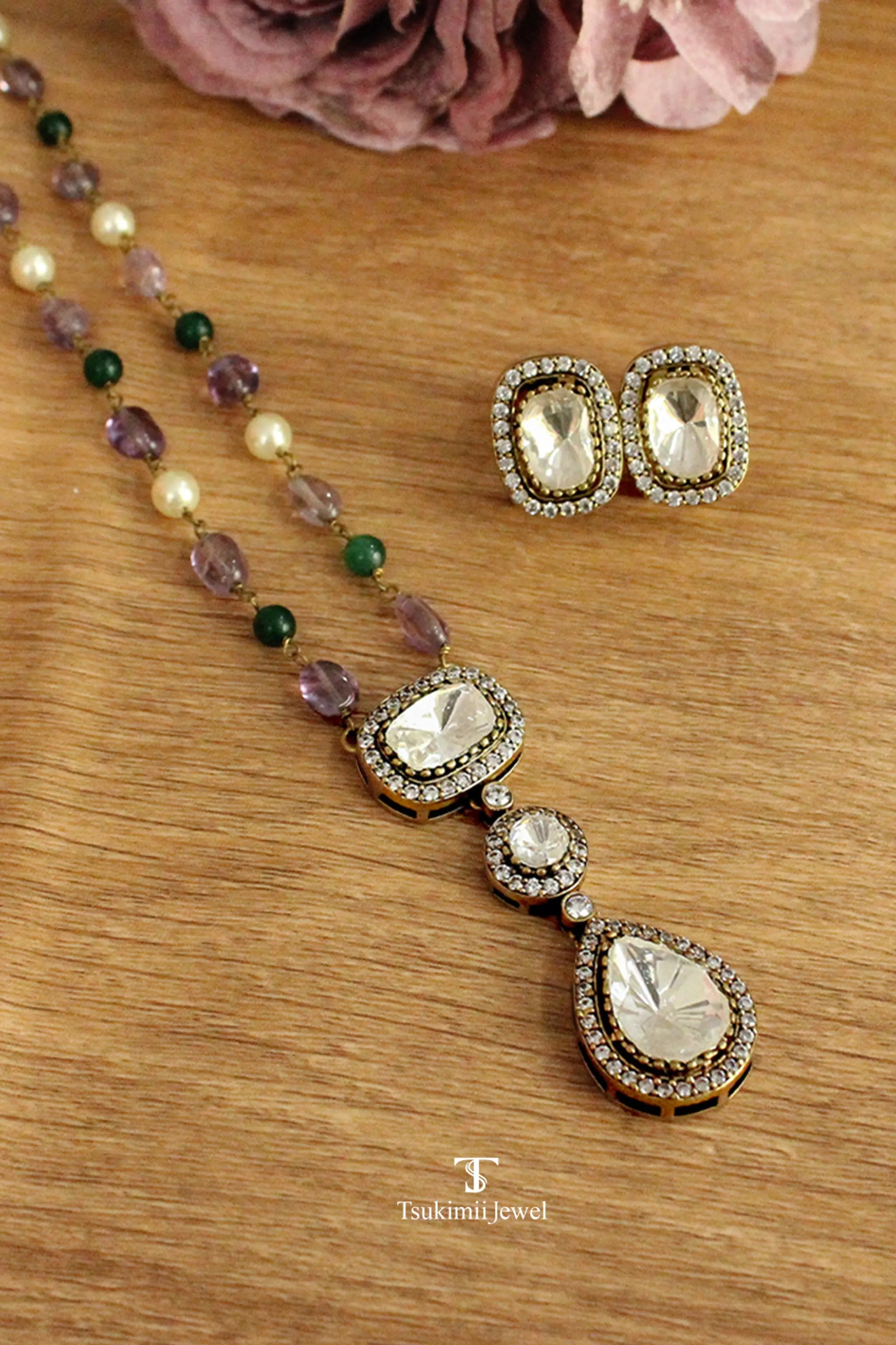 Noor polki locket set with elegant gold plated traditional design
