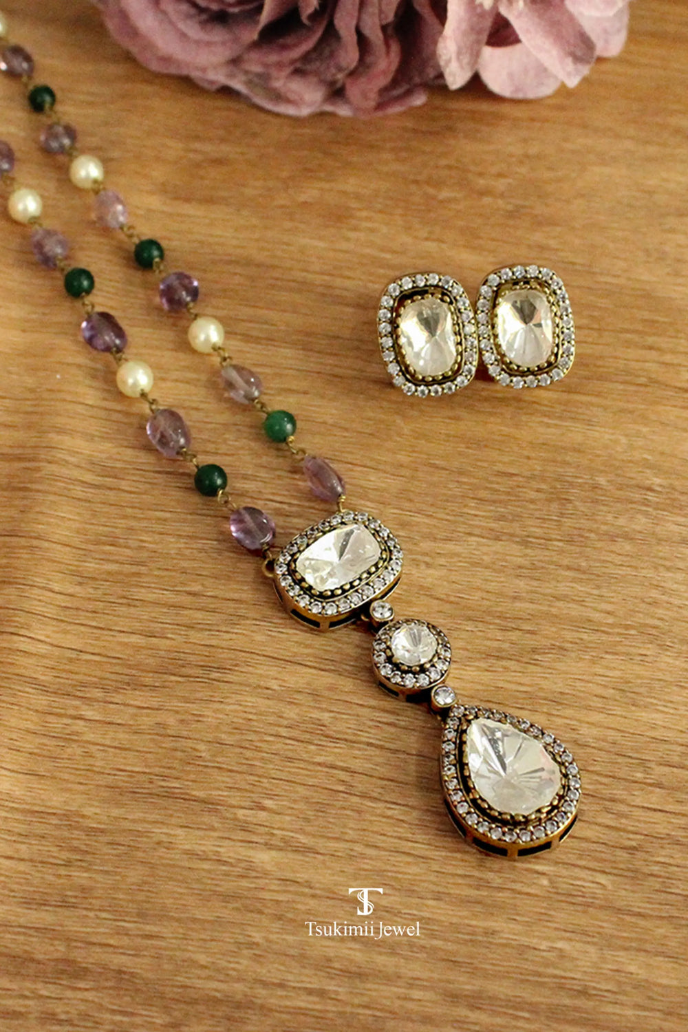 Noor polki locket set with elegant gold plated traditional design