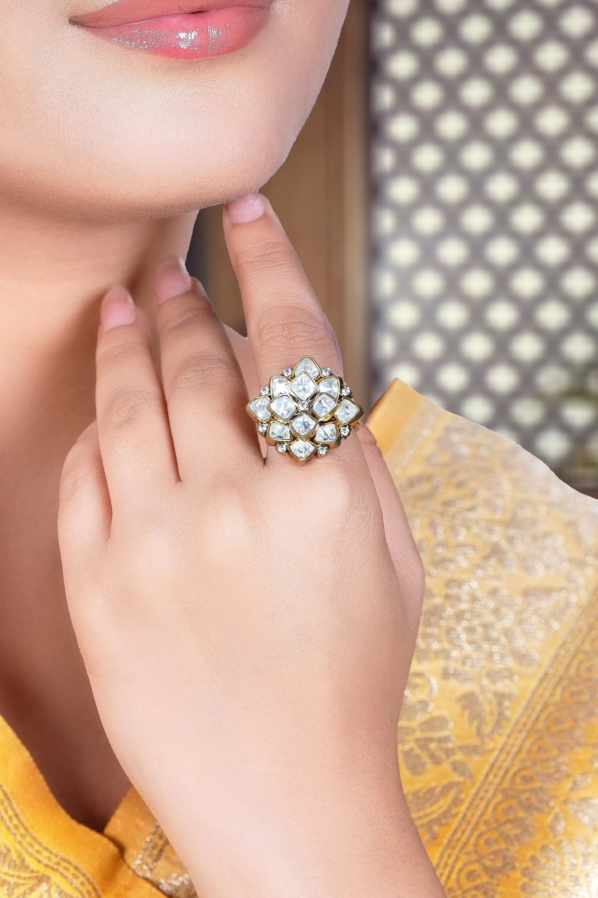 Gold toned polki finger ring for festive and wedding wear