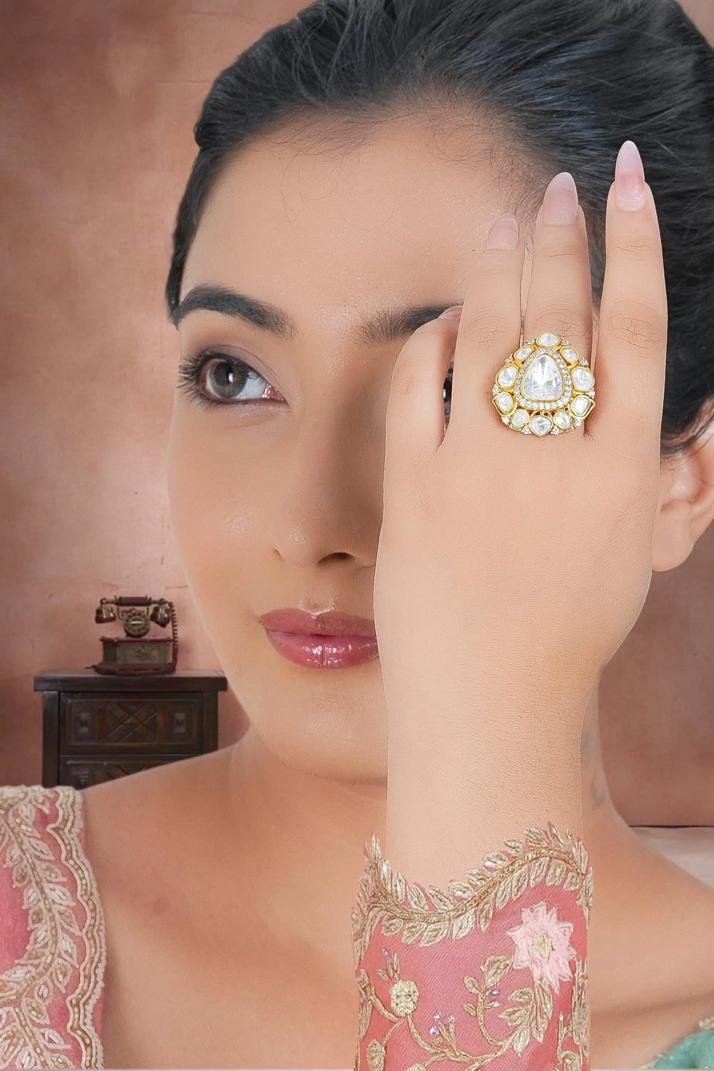 Gold toned ziyana polki ring inspired by heritage jewellery