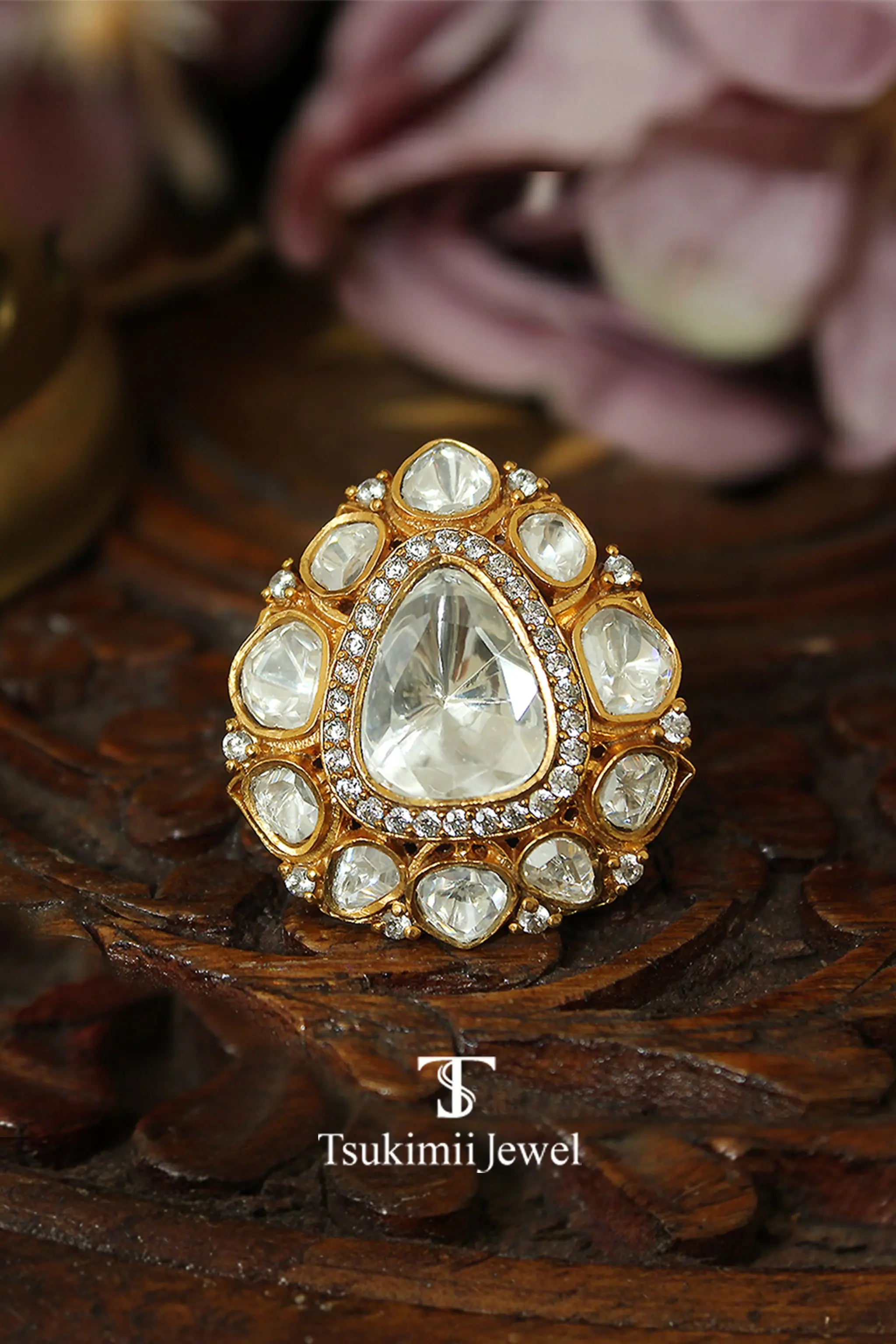 Handcrafted Indian polki ring with royal traditional look
