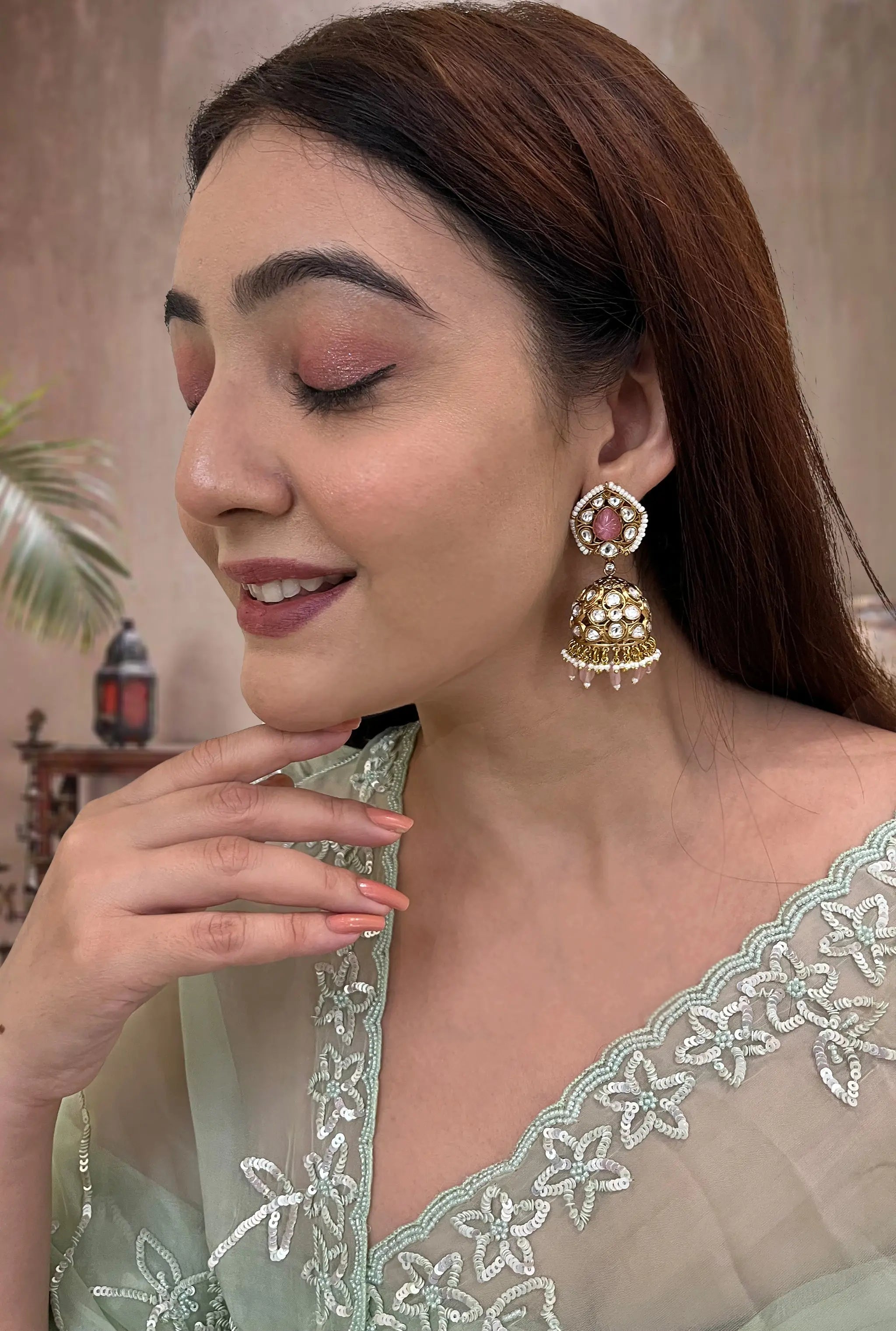 Handcrafted Indian polki jhumka earrings for women