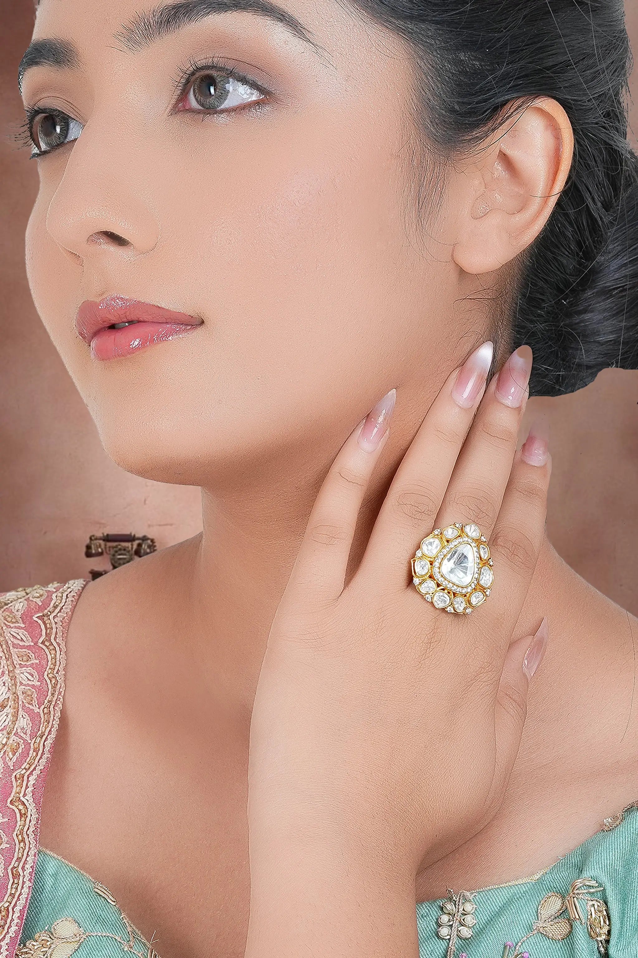 Traditional Indian polki ring for women with handcrafted details