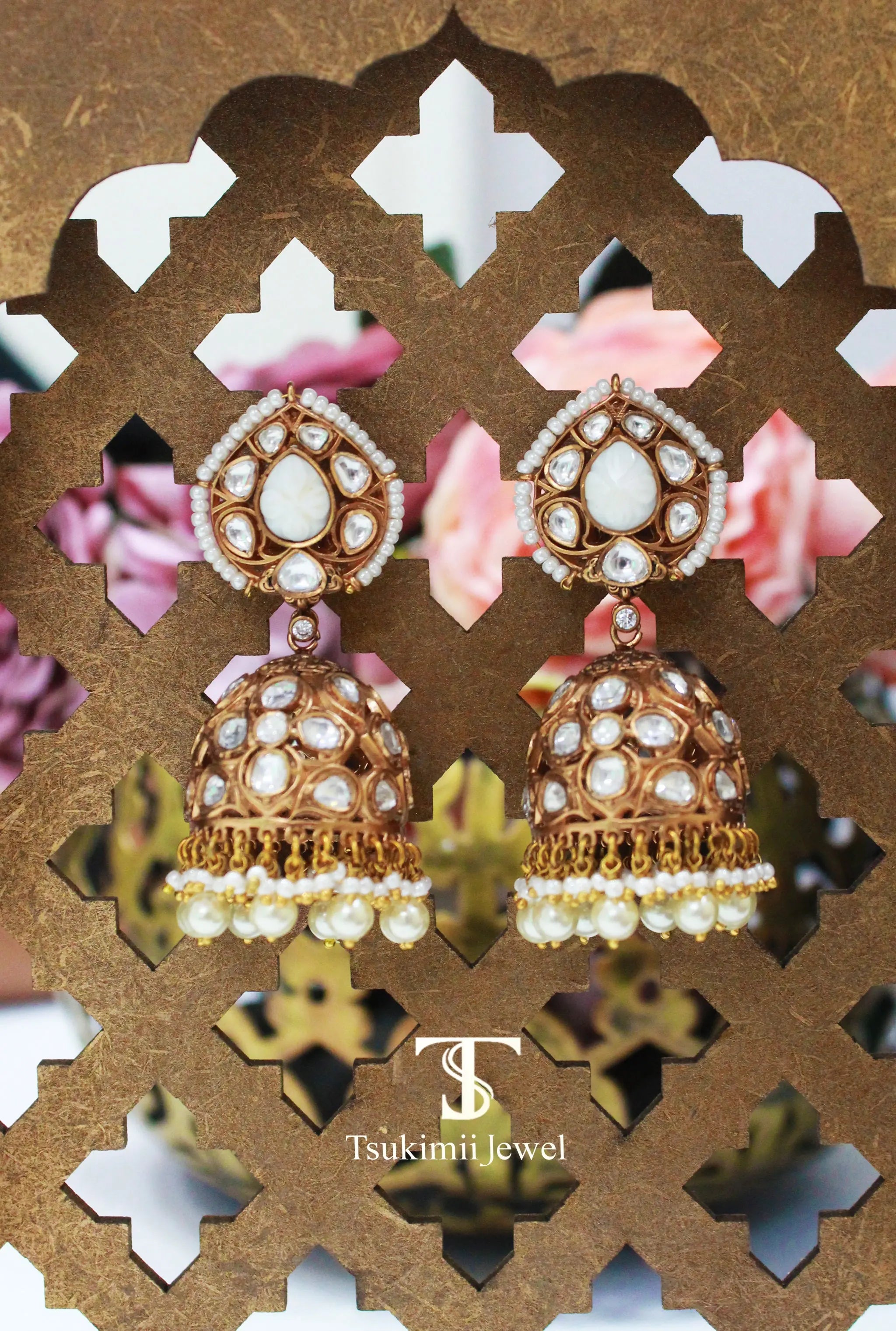 Designer polki jhumka earrings with classic temple styling
