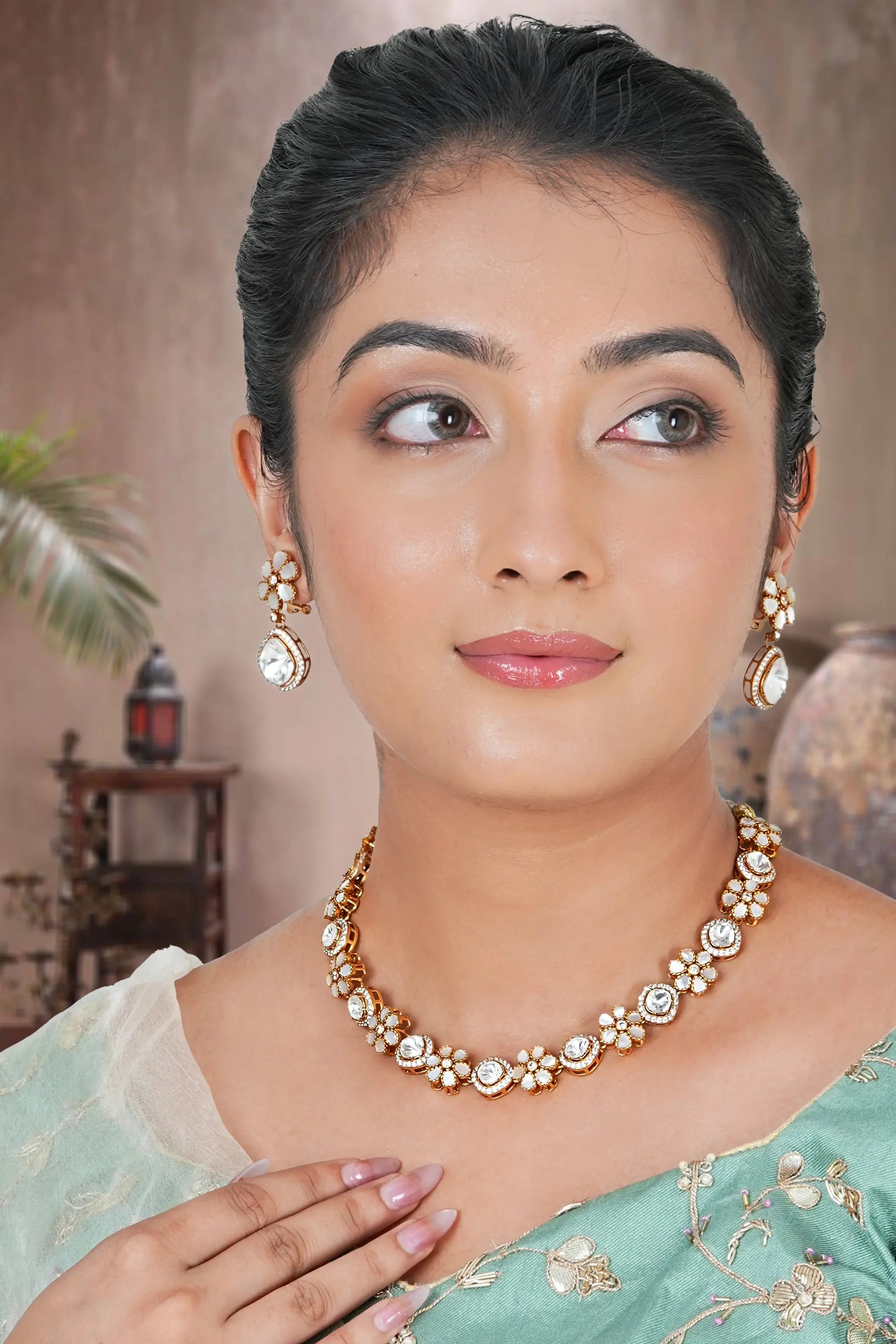 22kt Gold plated mother of pearl necklace set with classic ethnic design