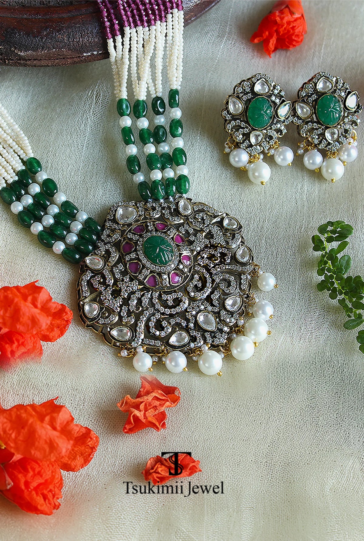 Meher polki pendant set with traditional gold plated finish