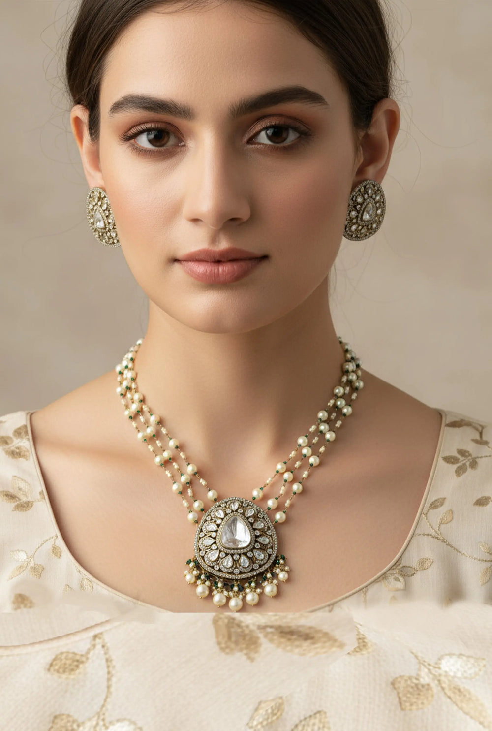 Handcrafted Indian polki pendant jewellery set for women