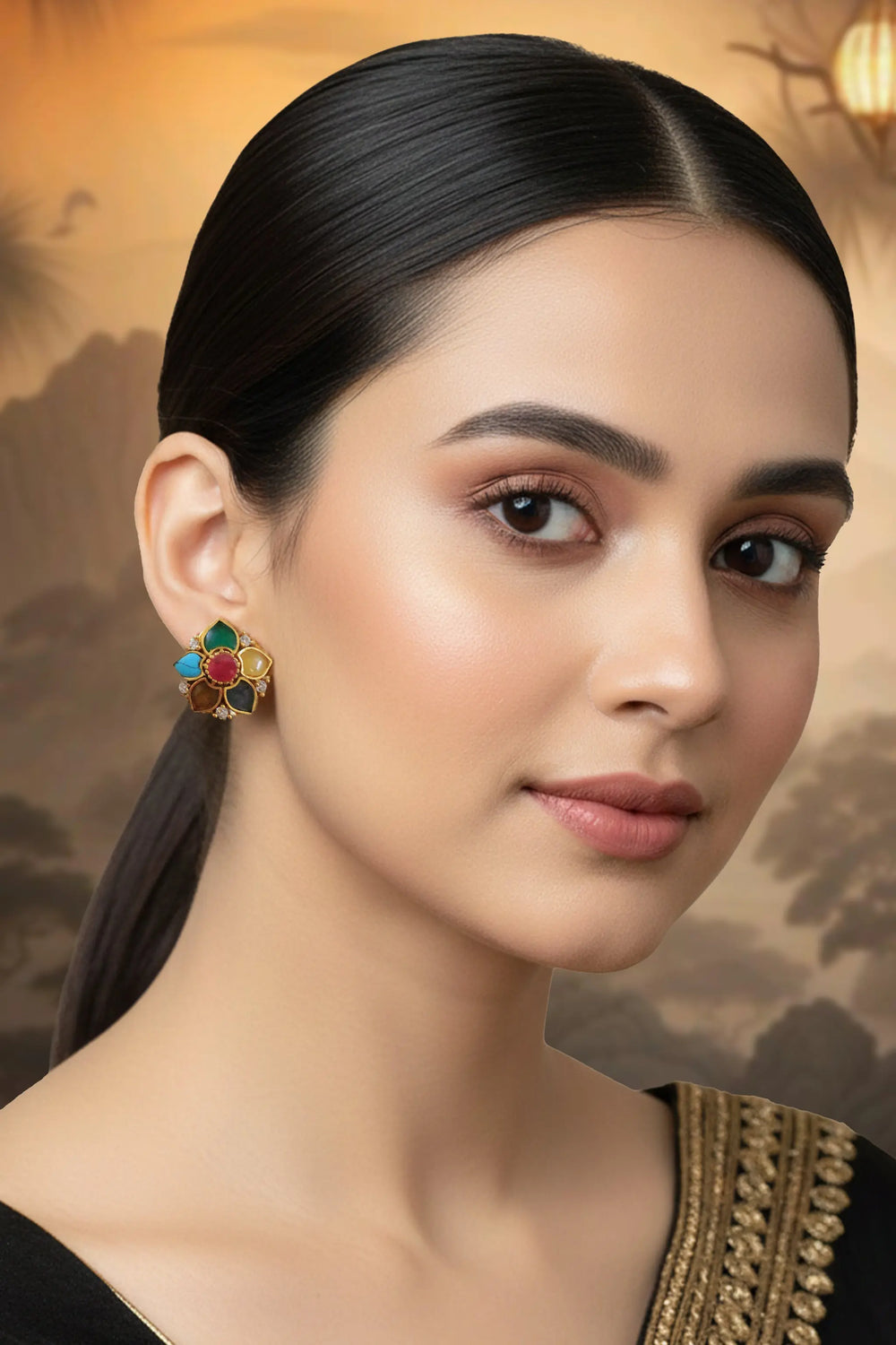 Traditional navratna stud earrings for ethnic styling