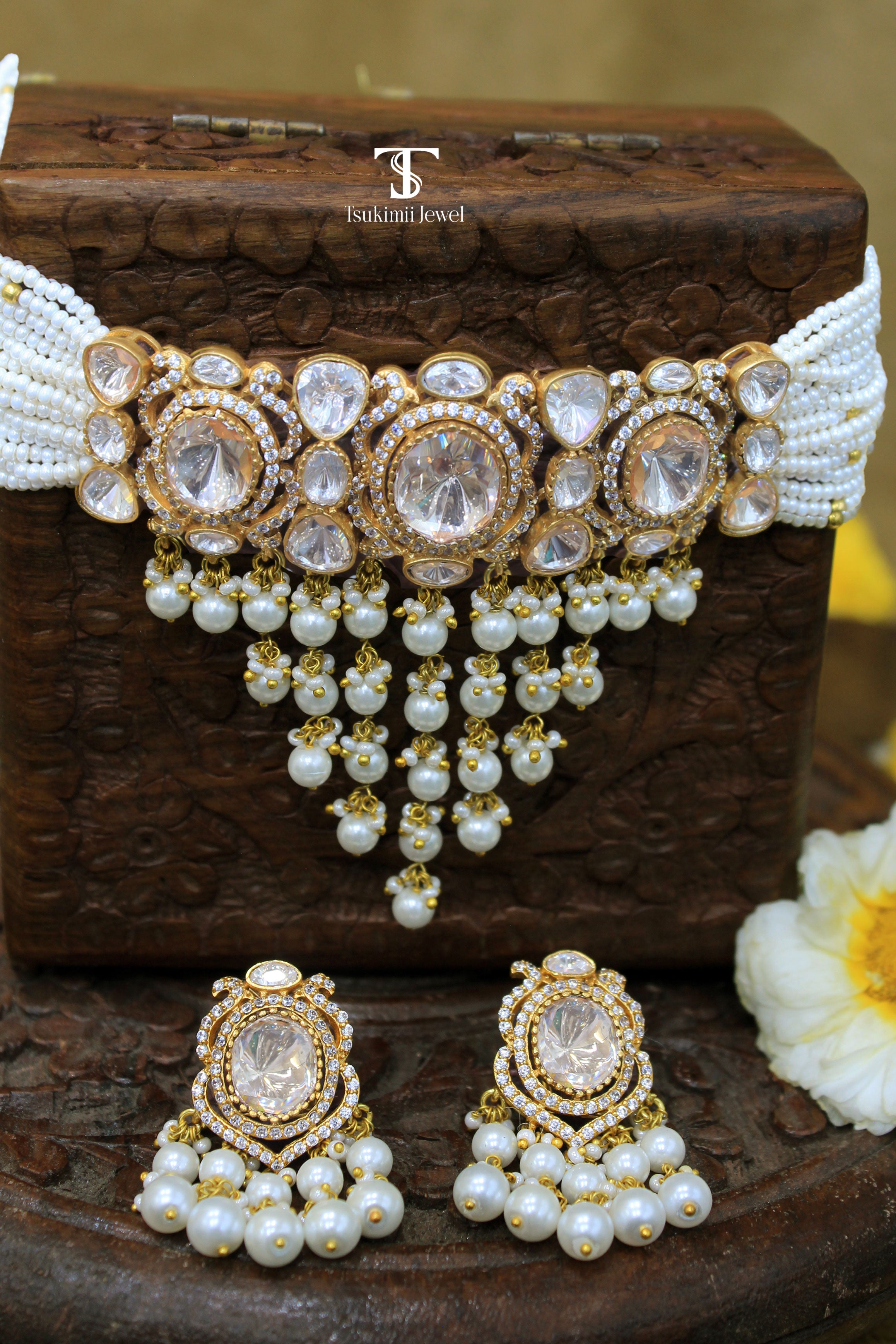 Risha Mossanite Polki Necklace Set