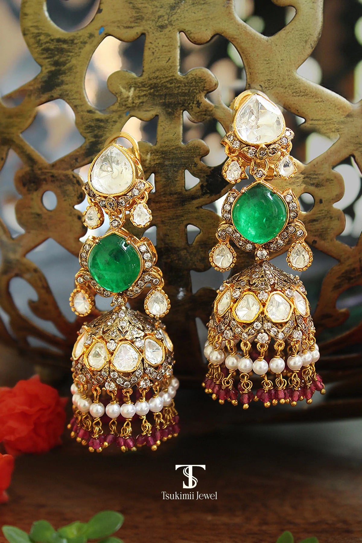 Neelambari polki jhumka earrings with elegant gold finish