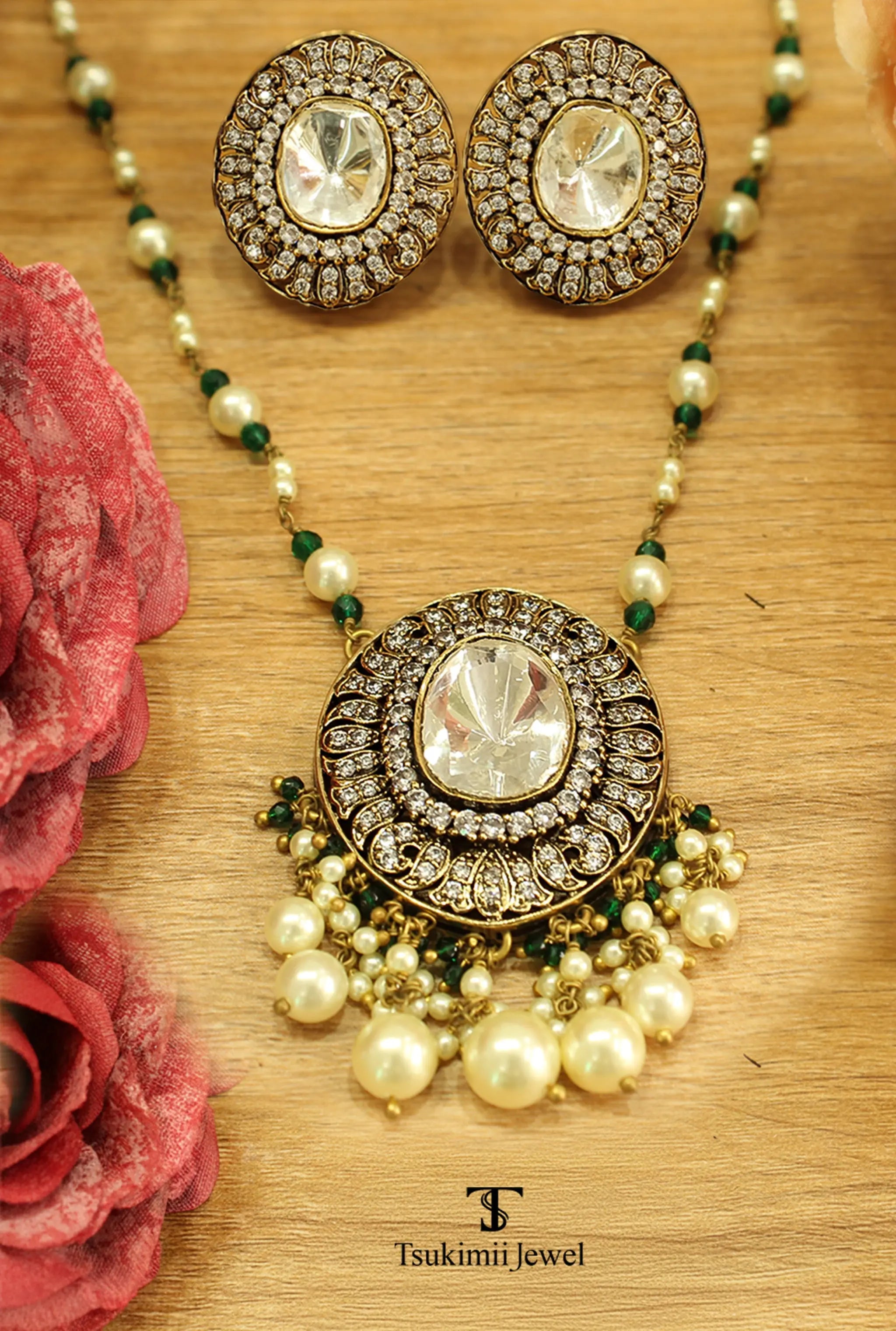 Prisha polki pendant set with traditional Indian gold finish