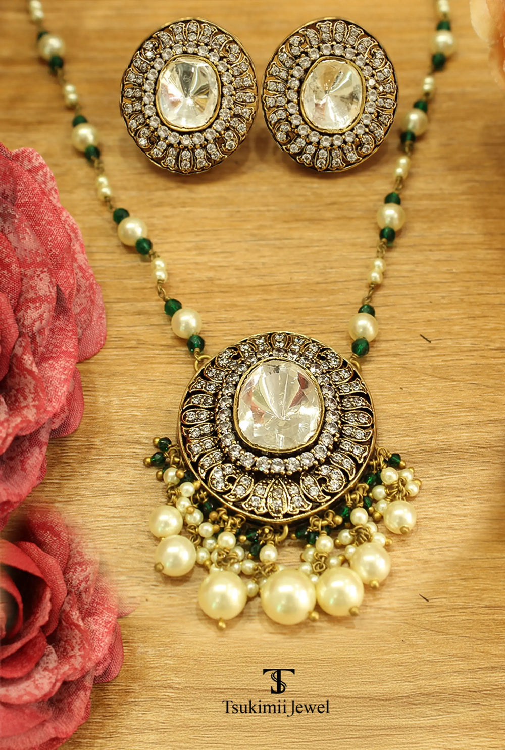 Prisha polki pendant set with traditional Indian gold finish