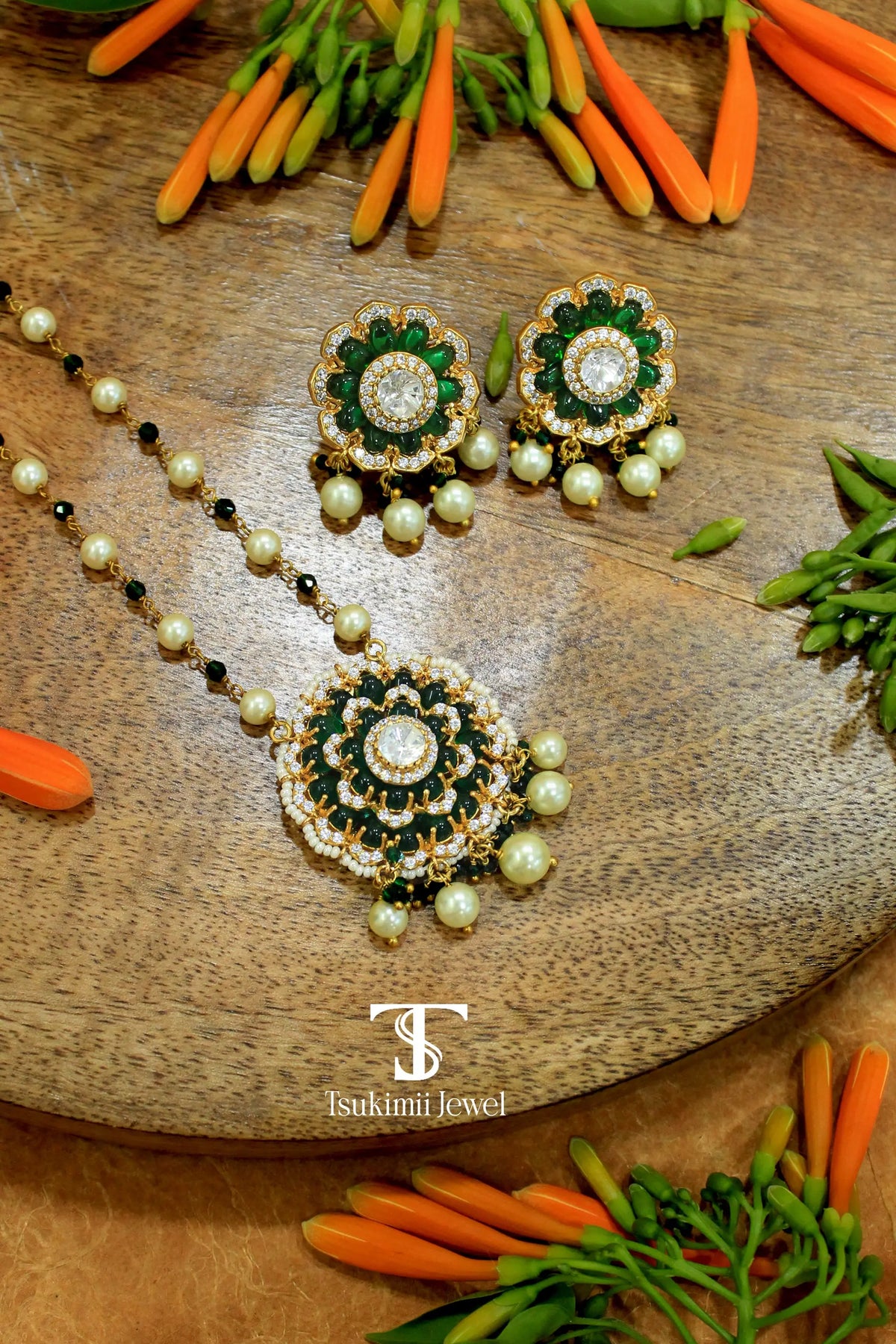 Handcrafted Indian polki locket jewellery set for women
