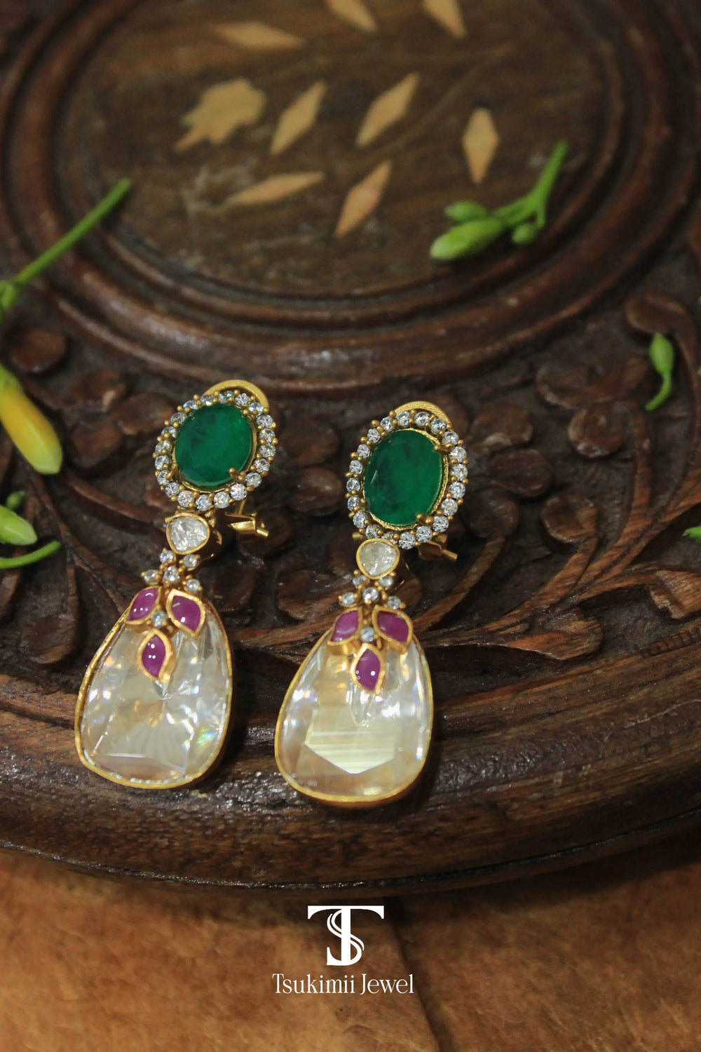 Handcrafted polki earrings with mossanite for wedding wear